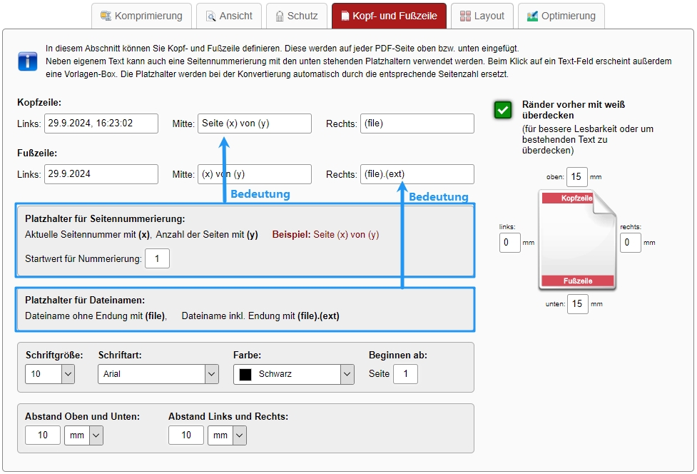 Kopf- und Fußzeile hinzufügen mit Online2pdf