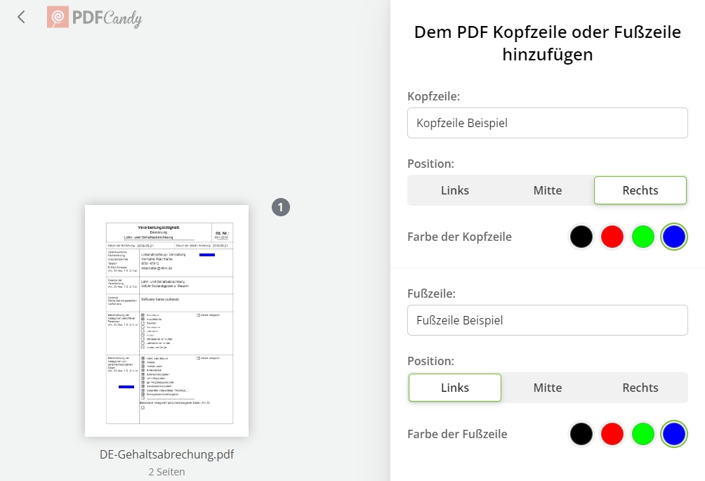 Kopf- und Fußzeile hinzufügen mit PDFCandy