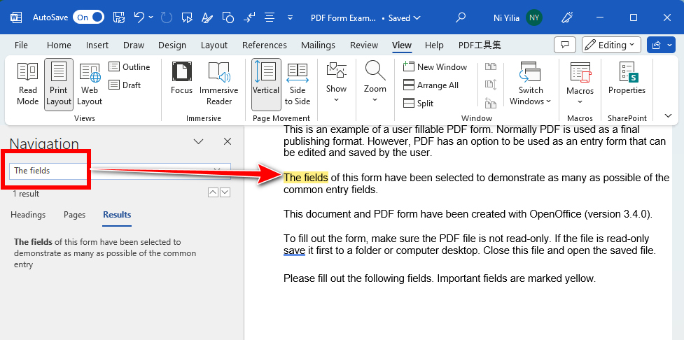 Nach dem gewünschten Text suchen