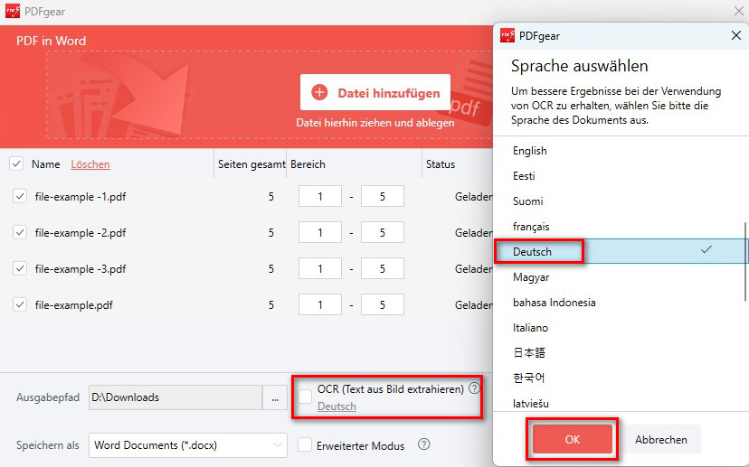 OCR-Schaltfläche aktivieren