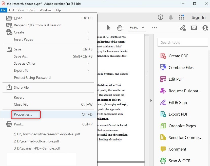 Dokumenteigenschaften in Adobe öffnen