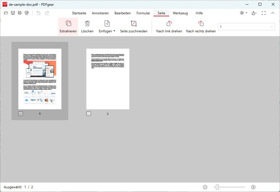 Option Seite extrahieren in PDFgear