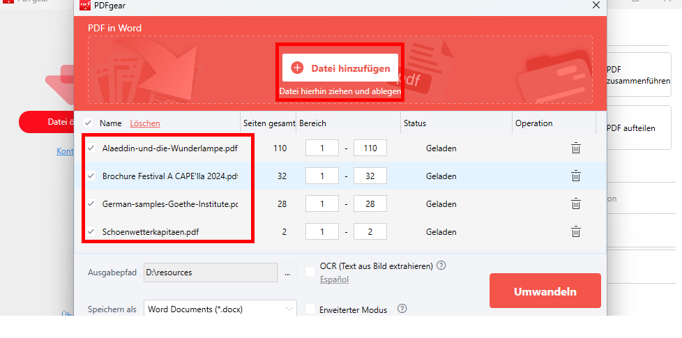 Wählen Sie PDF-Dateien aus und laden Sie sie in den PDFgear PDF-zu-Word-Konverter