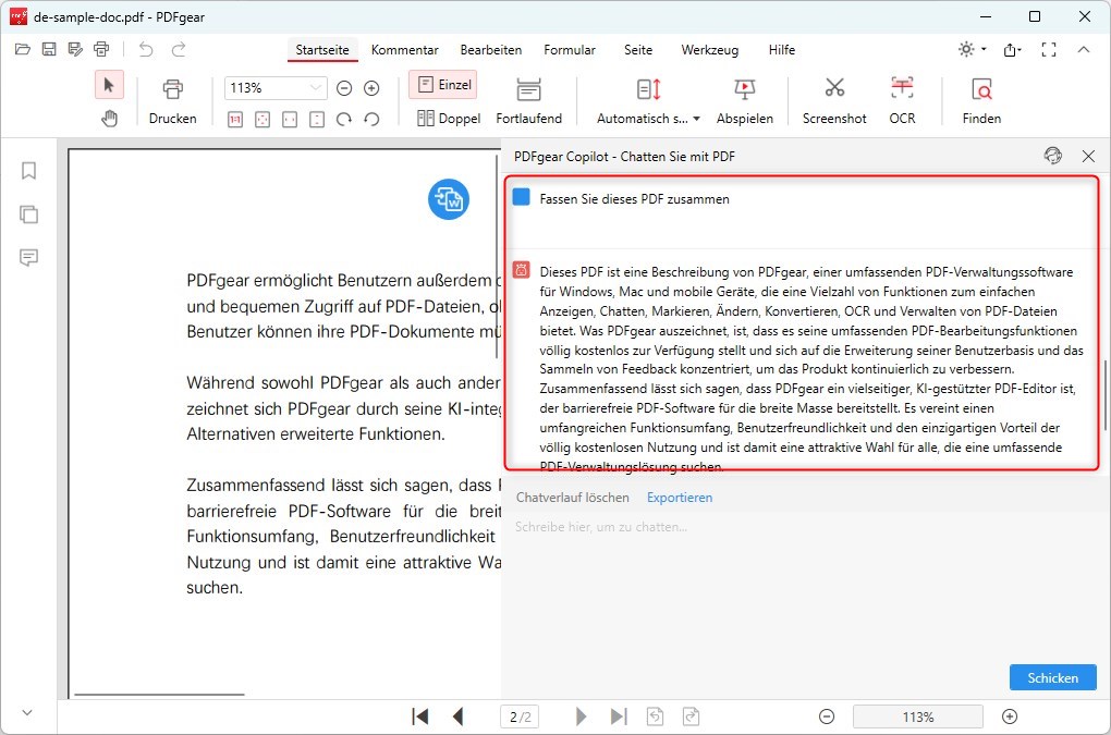 PDFgear lesen mit integriertem PDFgear ChatGPT