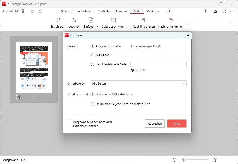 Seiten aus PDF mit PDFgear extrahieren