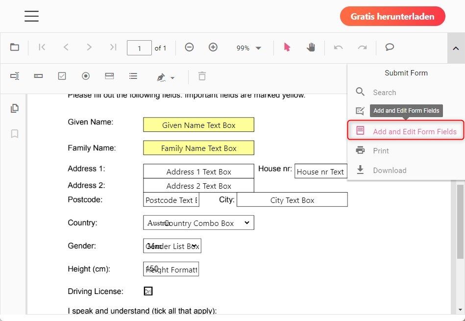 Verschiedene bearbeitbare Formularfelder