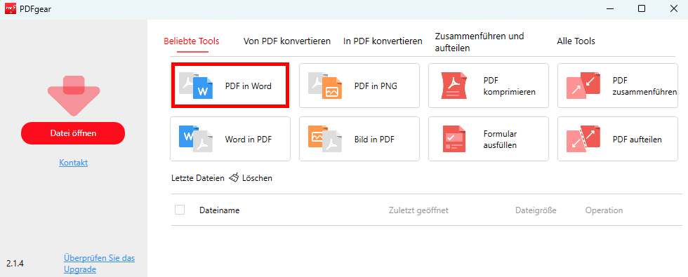 Wählen Sie den PDF-zu-Word-Konverter auf PDFgear