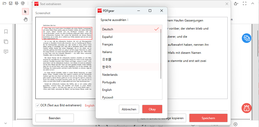 Wählen Sie die Textextraktionssprache