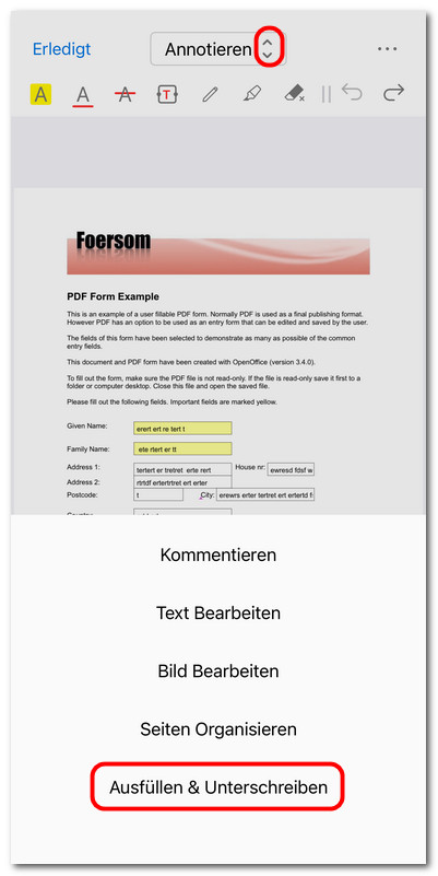 Modus „Ausfüllen und unterschreiben“ öffnen