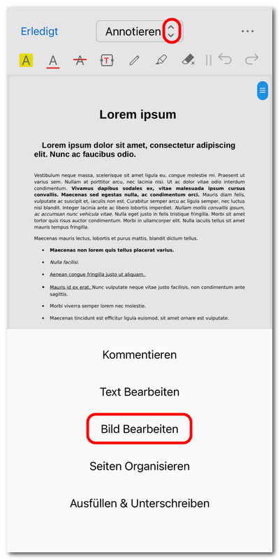 Bildbearbeitungsmodus auswählen