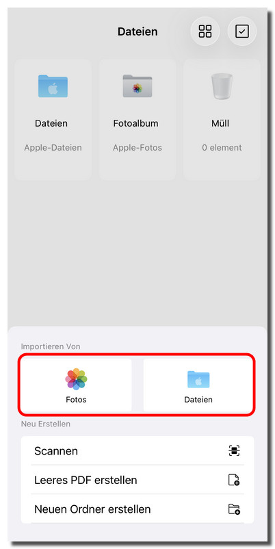 Datei aus Fotos oder Dateien importieren