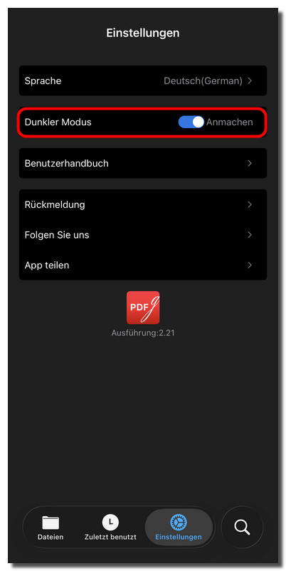 Dunkelmodus in PDFgear für iOS aktivieren