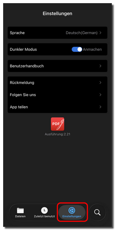 Einstellungen-Tab in PDFgear für iOS