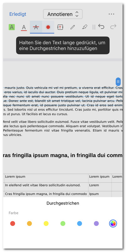 Text im PDF auf iOS durchstreichen