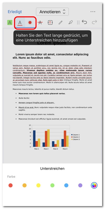 Text im PDF auf iOS unterstreichen