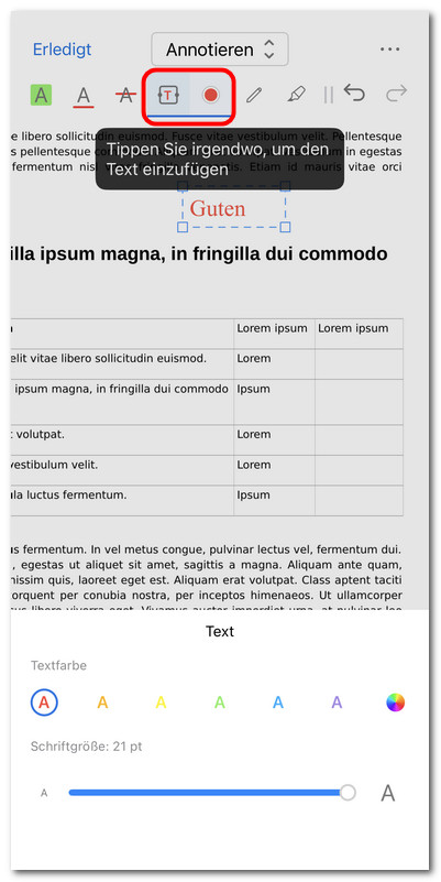 Text in PDF auf iOS hinzufügen