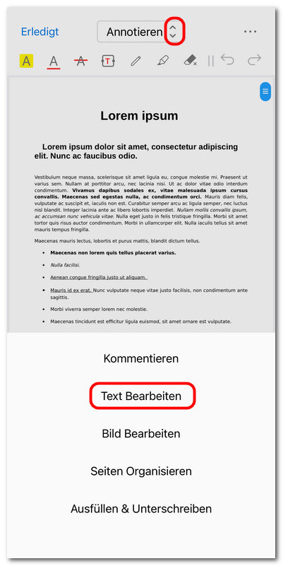 Textbearbeitungsmodus öffnen