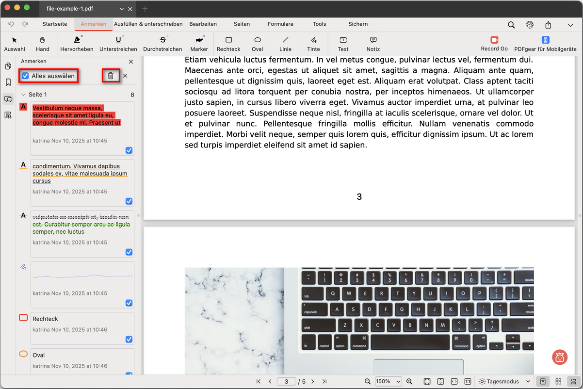 Alle Anmerkungen auf einmal löschen