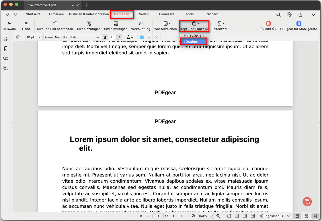 Alle Kopf- und Fußzeilen lösch