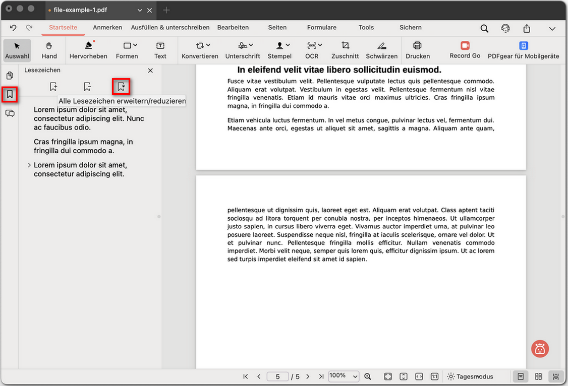 Alle Lesezeichen in einer PDF ein- oder ausklappen