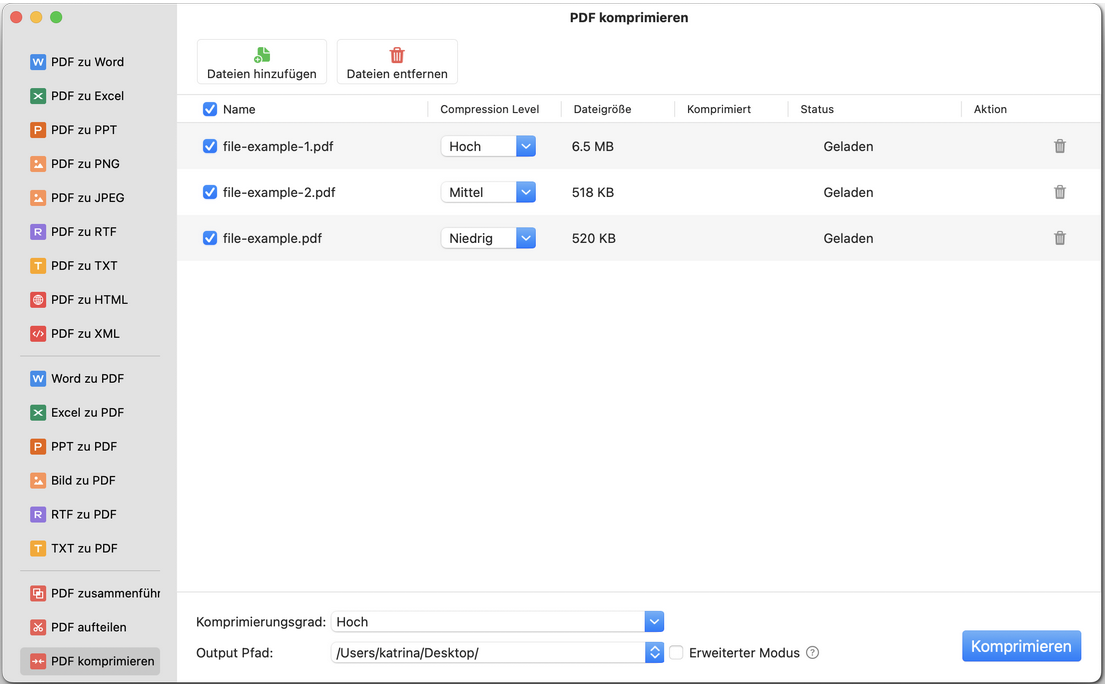 Benutzerdefinierte Komprimierungseinstellungen