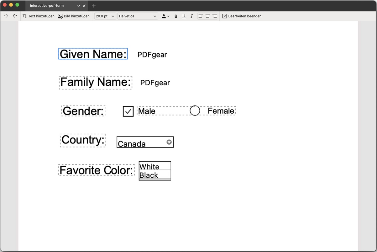 Beschriftungen zum PDF-Formular hinzufügen