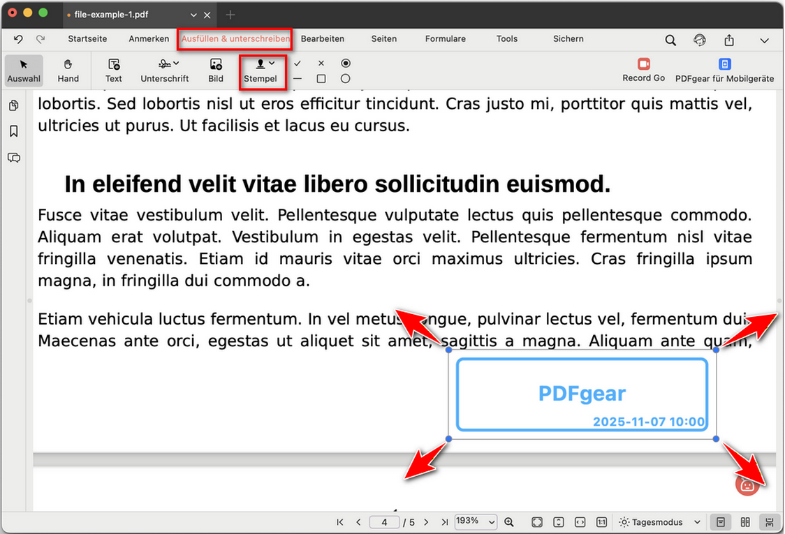 Den benutzerdefinierten Stempel anpassen