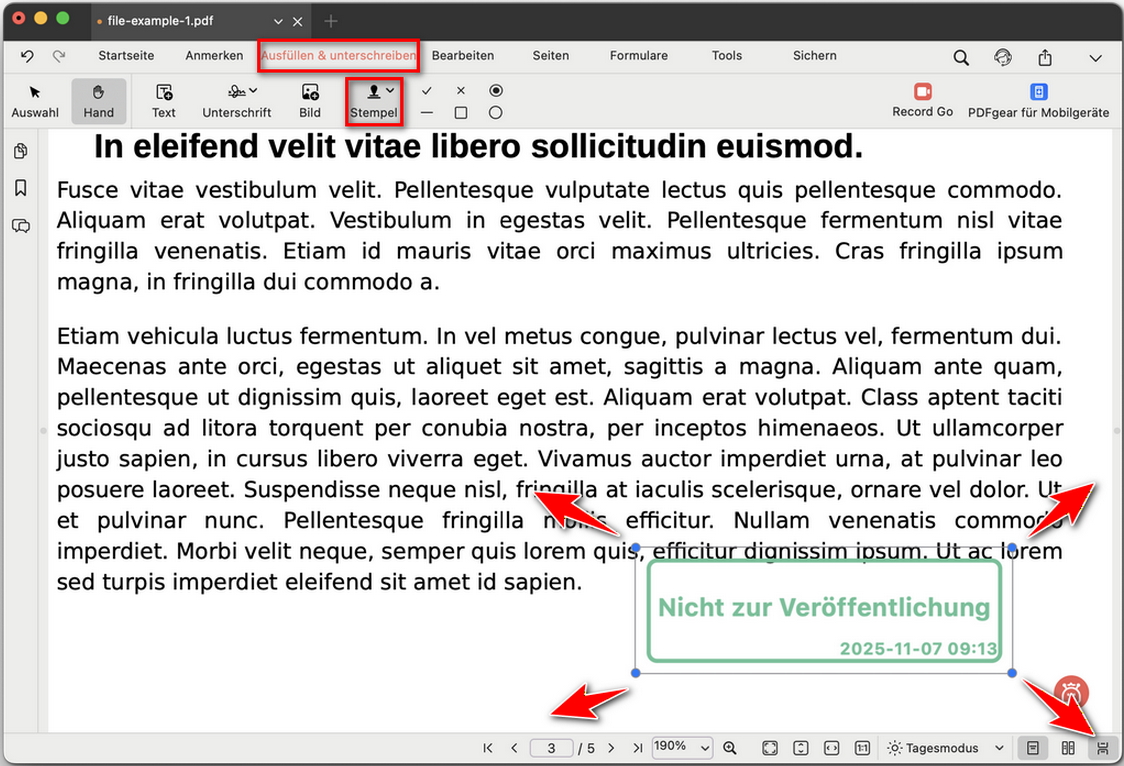 Den voreingestellten Stempel auf PDF platzieren