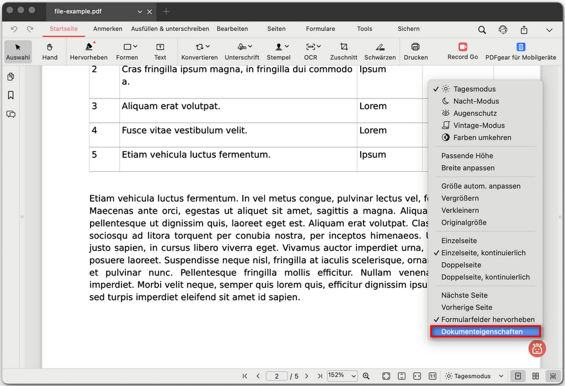 Dokumenteigenschaften öffnen