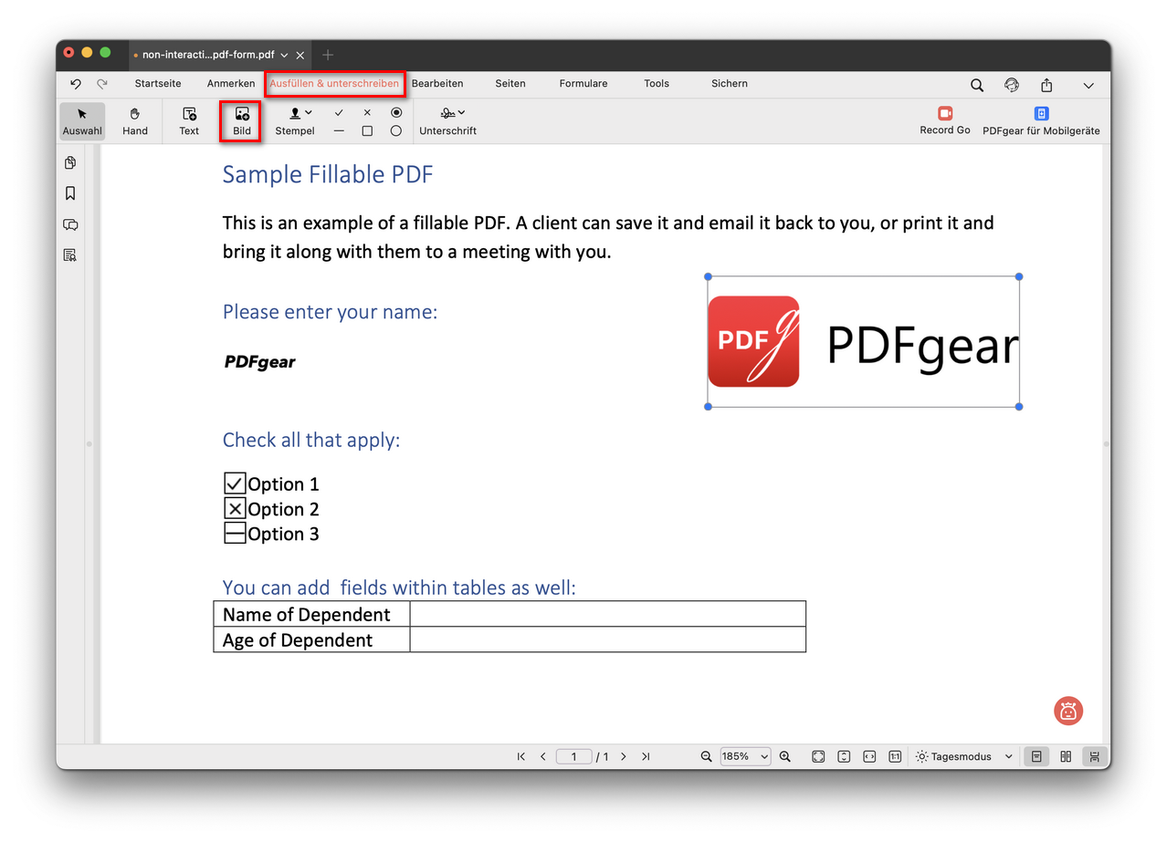 Ein Formular mit einem Bild ausfüllen
