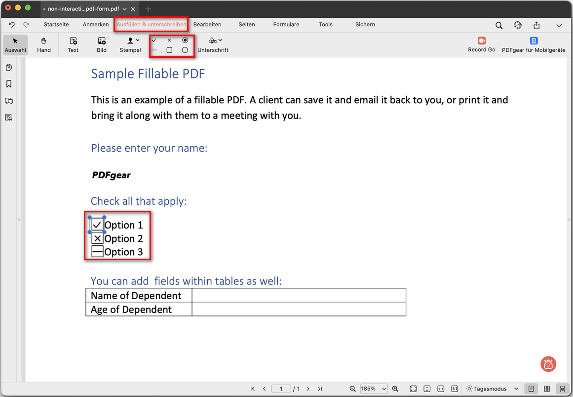 Ein Formular mit Kontrollkästchen ausfüllen