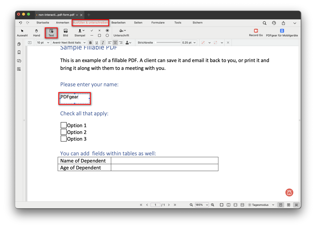 Ein Formular mit Text ausfüllen