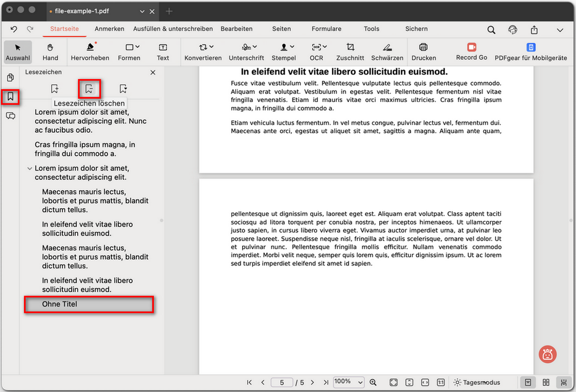 Ein Lesezeichen in einer PDF auf dem Mac löschen
