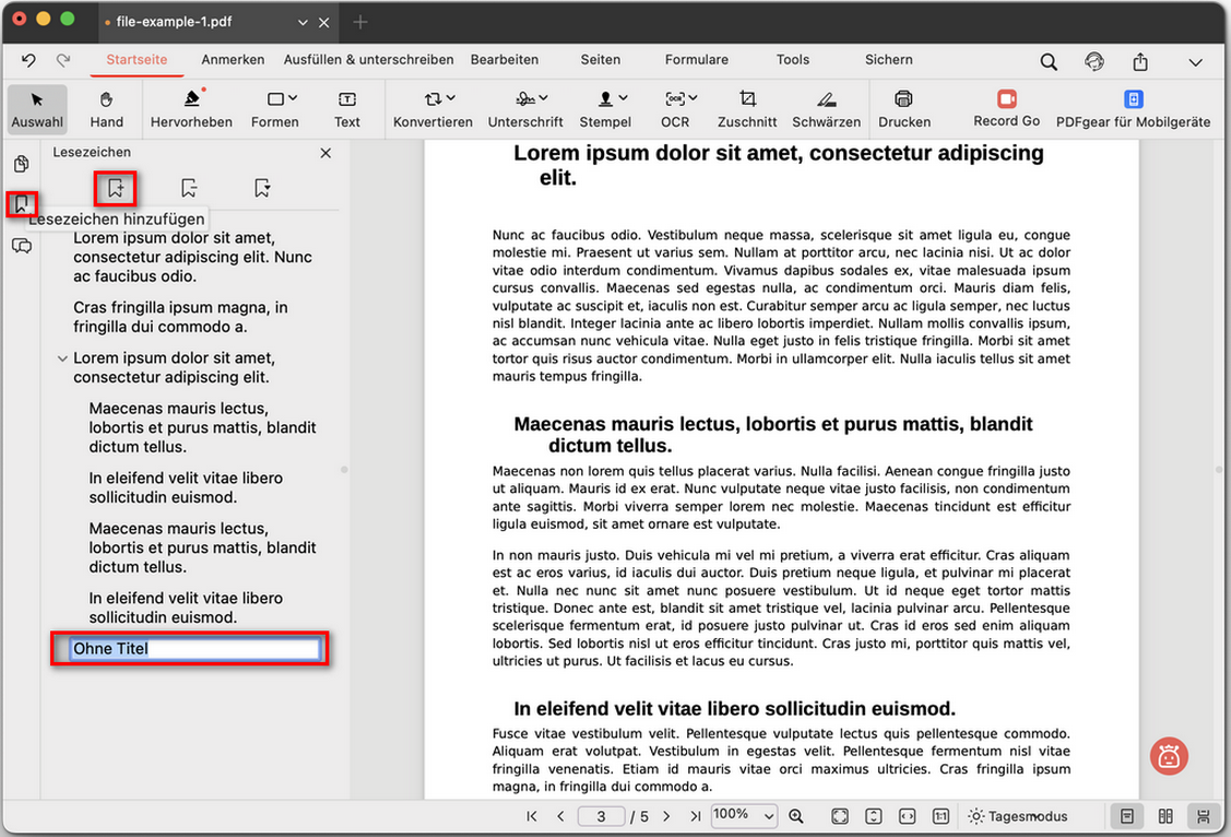 Ein Lesezeichen zu einer PDF auf dem Mac hinzufügen