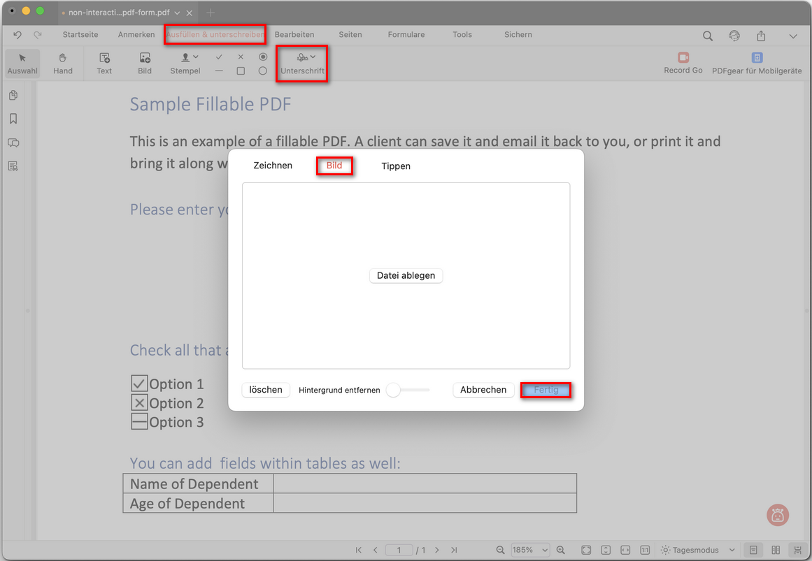 Eine Bildunterschrift zu PDF hinzufügen