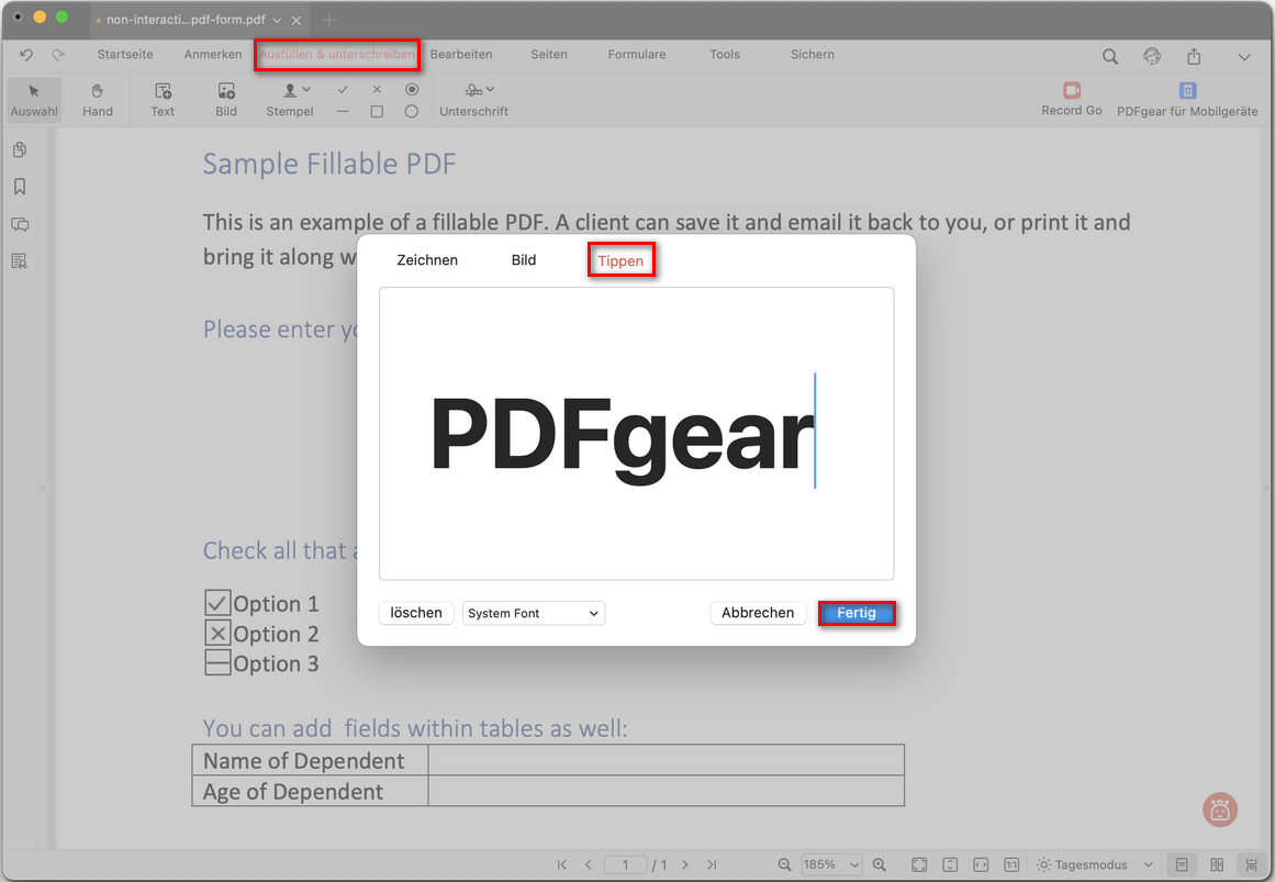 Eine Textunterschrift eingeben