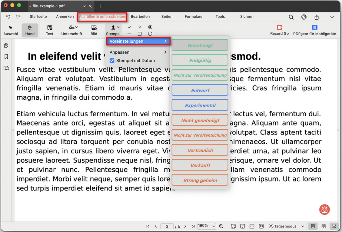 Einen voreingestellten Stempel auswählen