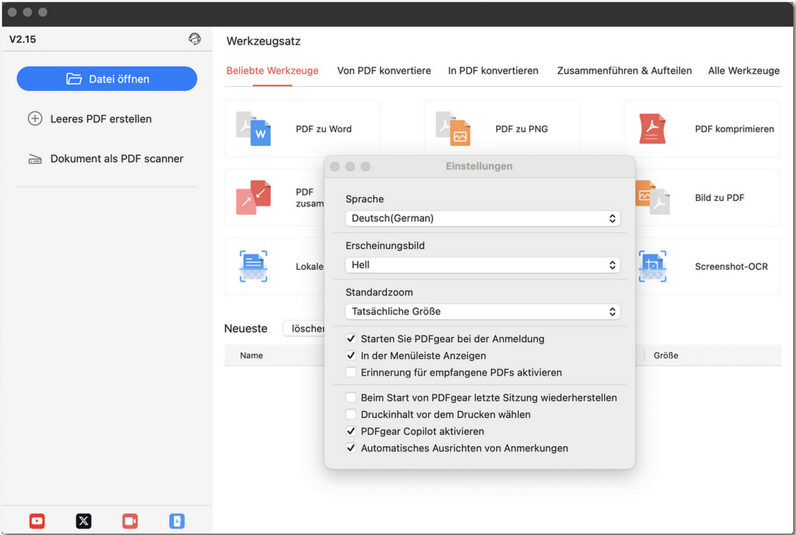 Einstellungen in PDFgear anpassen