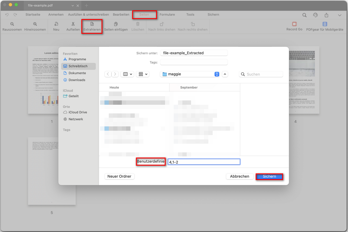Extrahierte PDF-Seiten anpassen