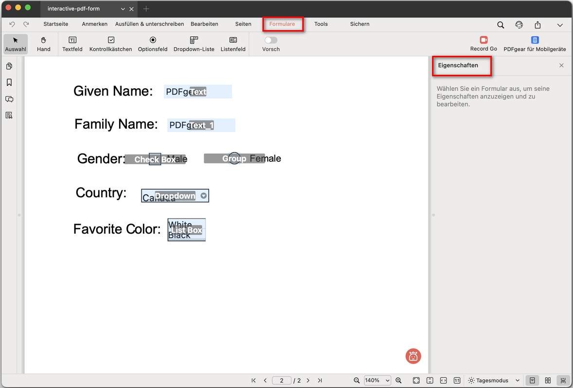 Formulareigenschaften überprüfen