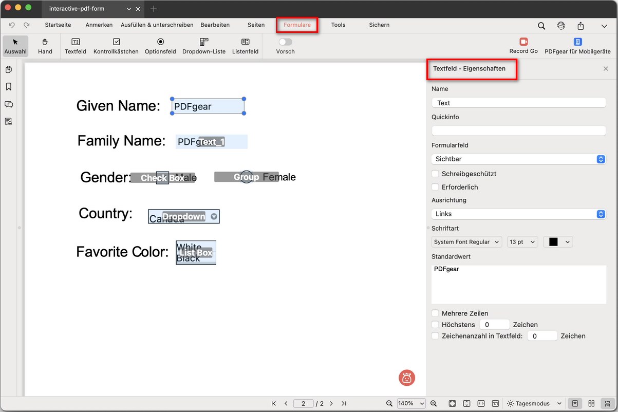 Formularfeldeigenschaften bearbeiten