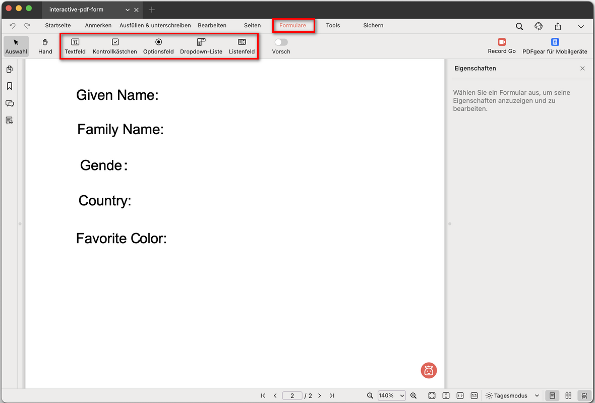Formularwerkzeuge öffnen