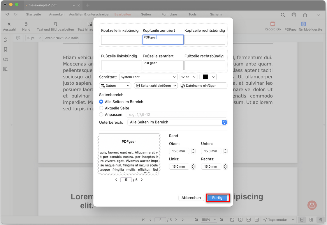 Kopf- und Fußzeile anpassen