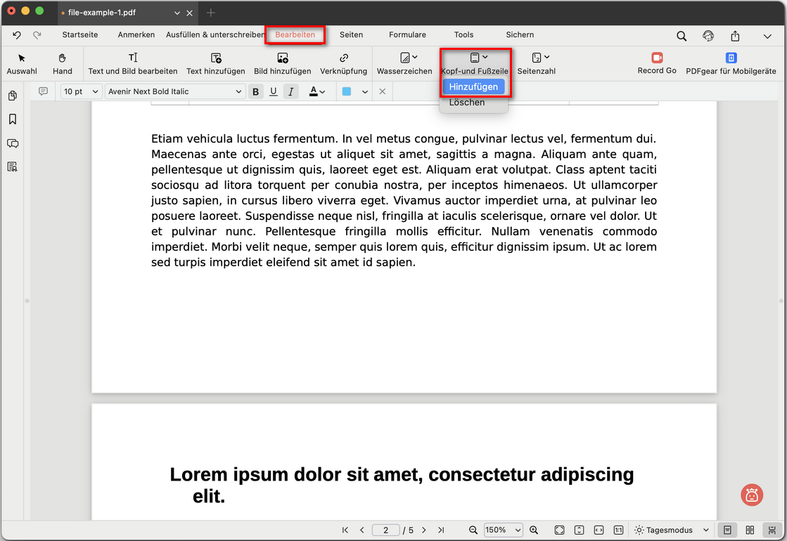 Kopf- und Fußzeile hinzufügen auswählen
