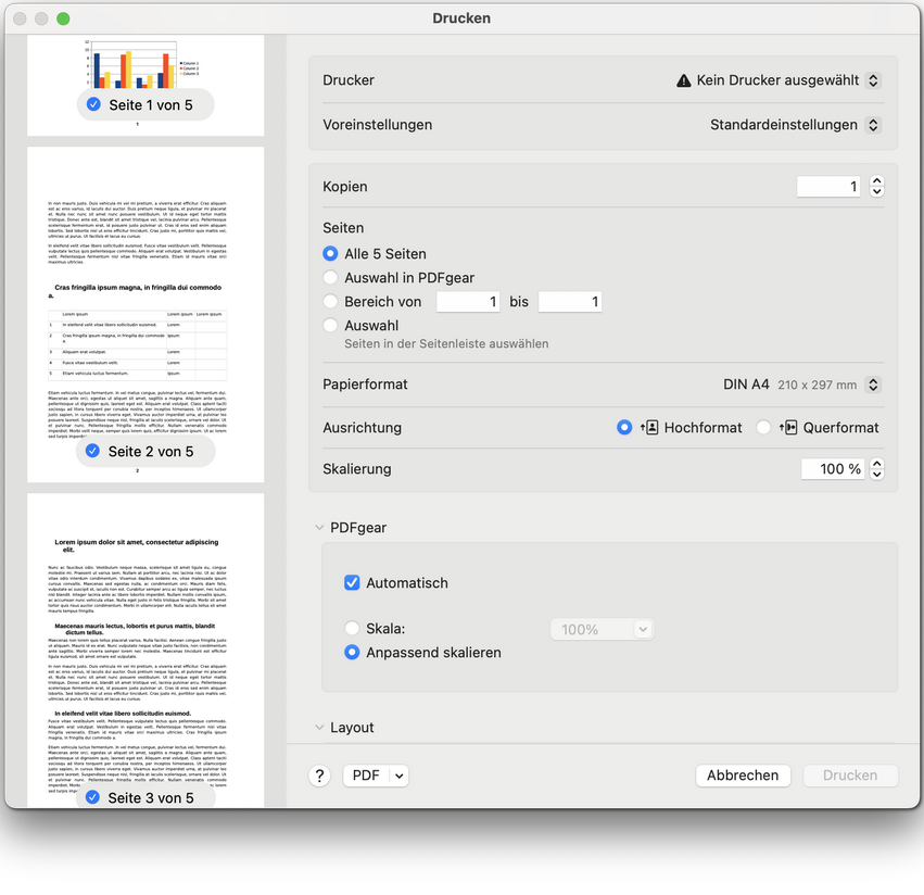 Layout- und Papierverarbeitungseinstellungen