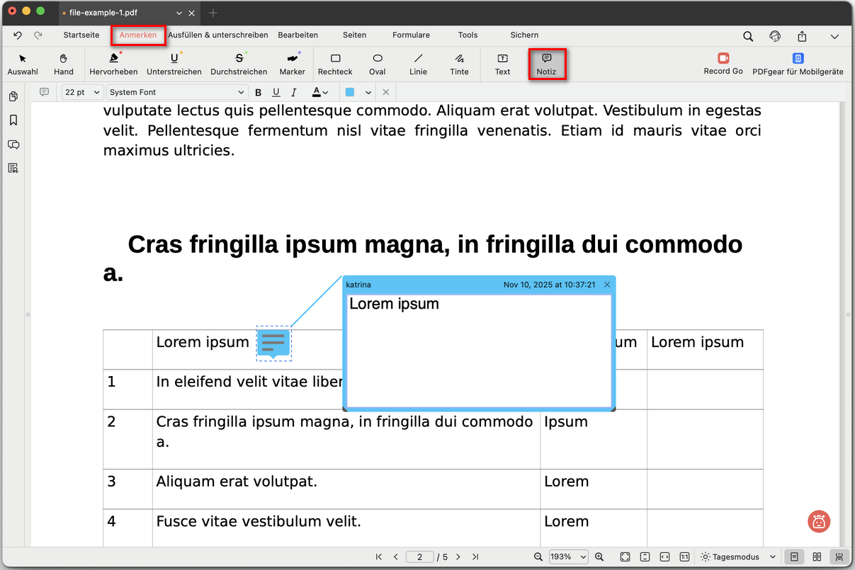 Notizkommentar hinzufügen