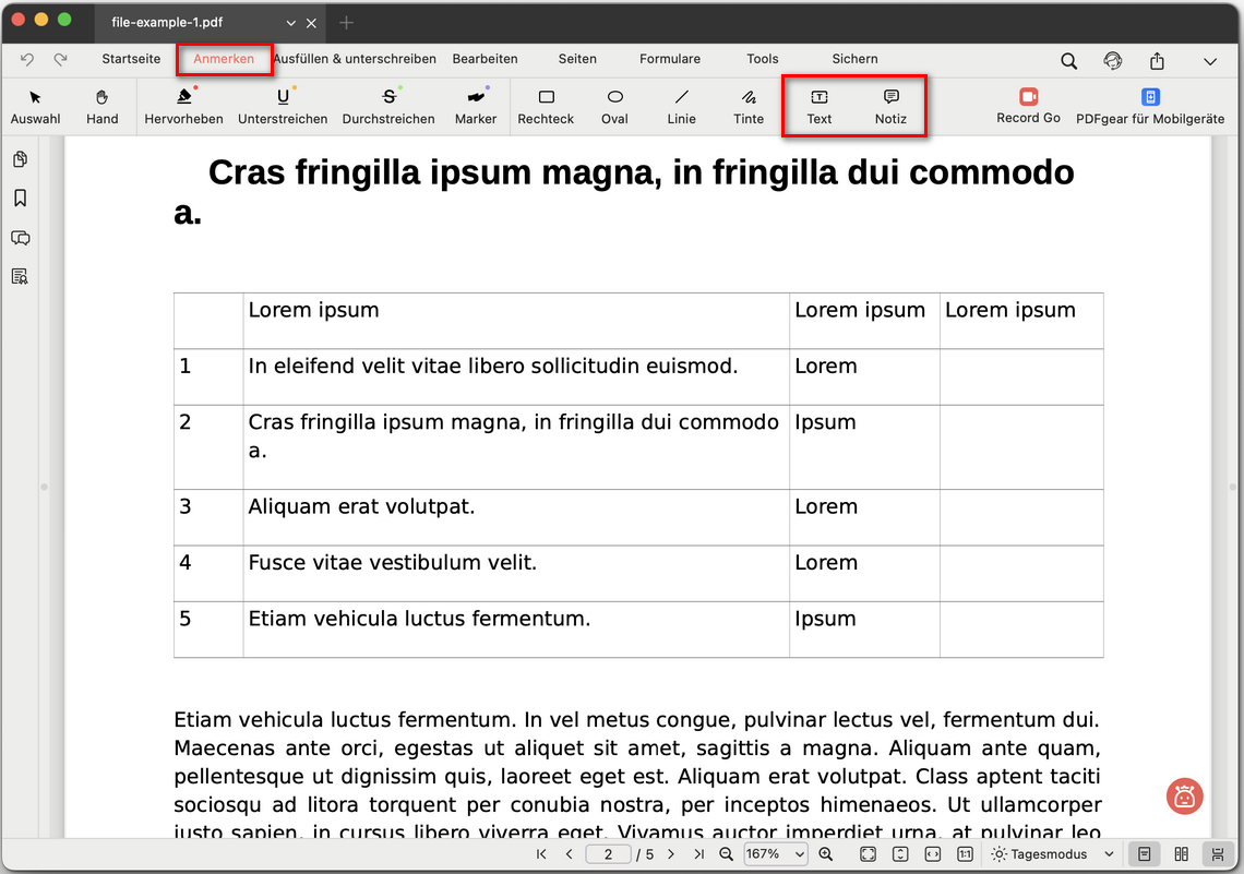 Optionen für Text- oder Notizkommentare