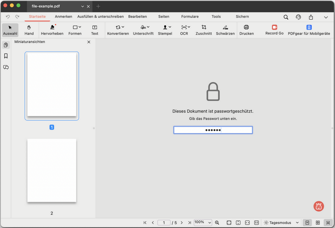 Passwort eingeben, um eine PDF-Datei zu entsperren