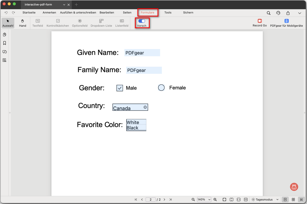 PDF-Formular in der Vorschau anzeigen und testen