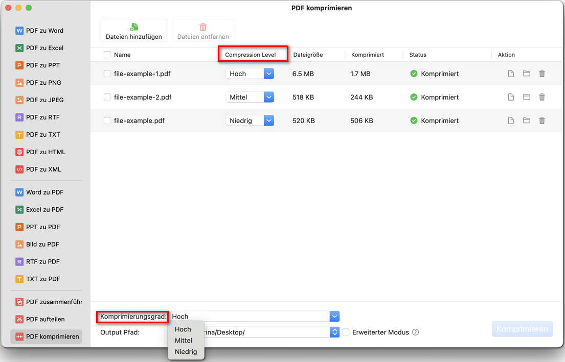 PDF-Komprimierungseinstellungen überprüfen